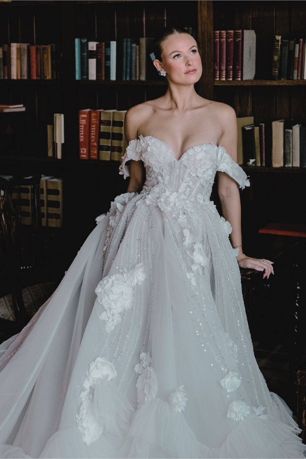 Allure custom couture wedding dress by Angela Kim Couture featuring a sculpted sweetheart neckline and voluminous ball skirt