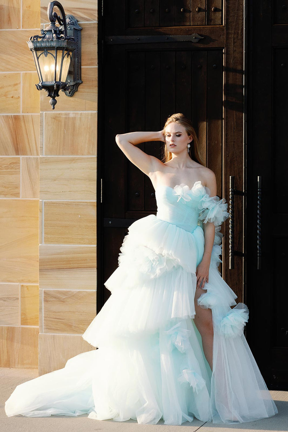 Full bridal look of the Belle couture sky-blue hand-pleated tiered tulle wedding dress by Angela Kim Couture