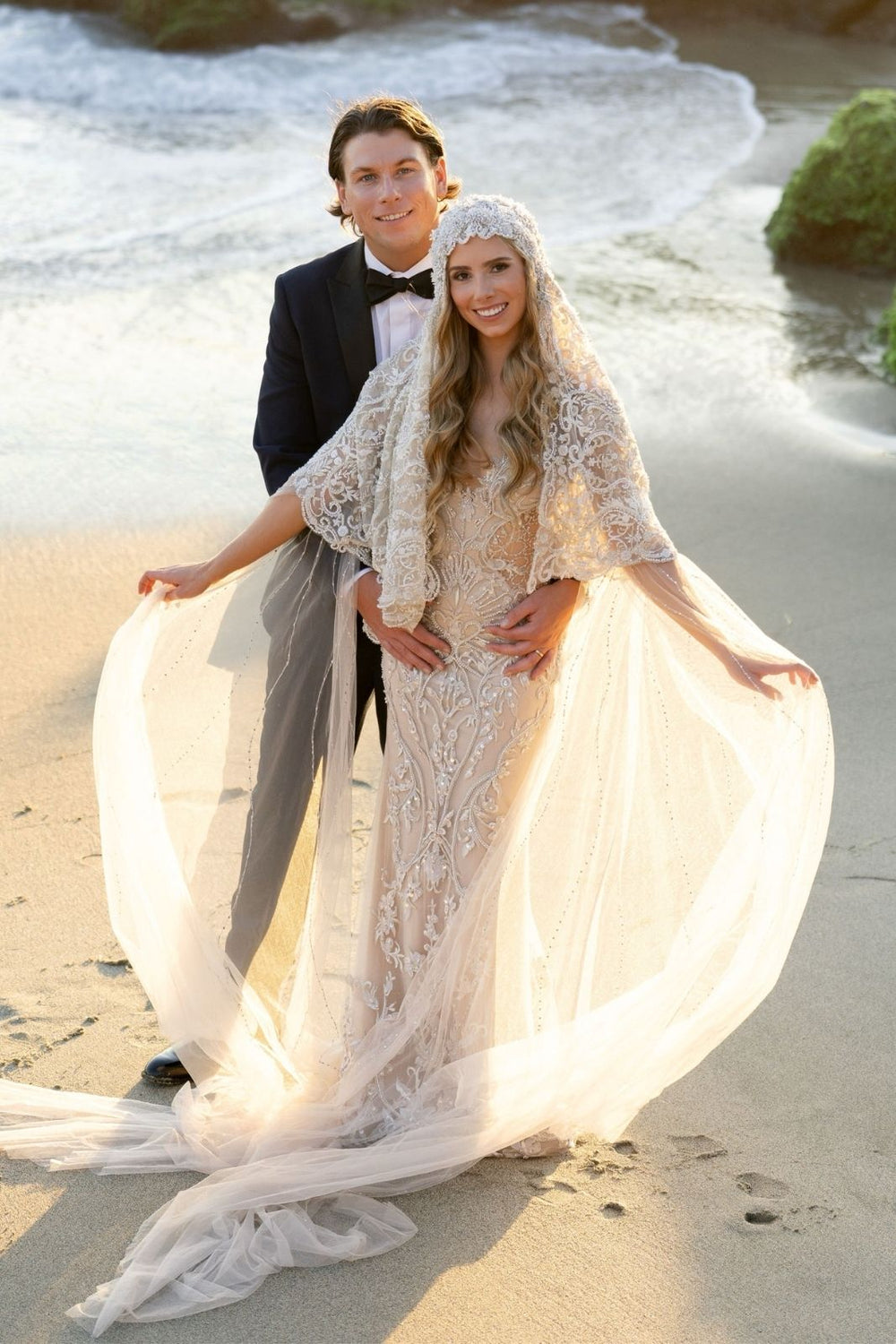 Romantic bridal portrait of bride in the Gigi European hand-beaded lace statement veil