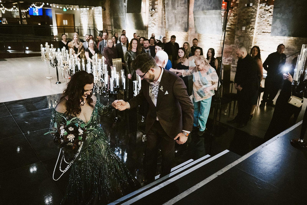 bride wearing the Jessica forest green beaded gown custom designed by Angela Kim Couture