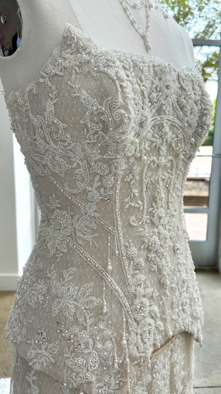Kaitlin's bespoke wedding dress bodice in construction at Angela Kim Couture – handcrafted couture techniques used in every custom-made bridal gown