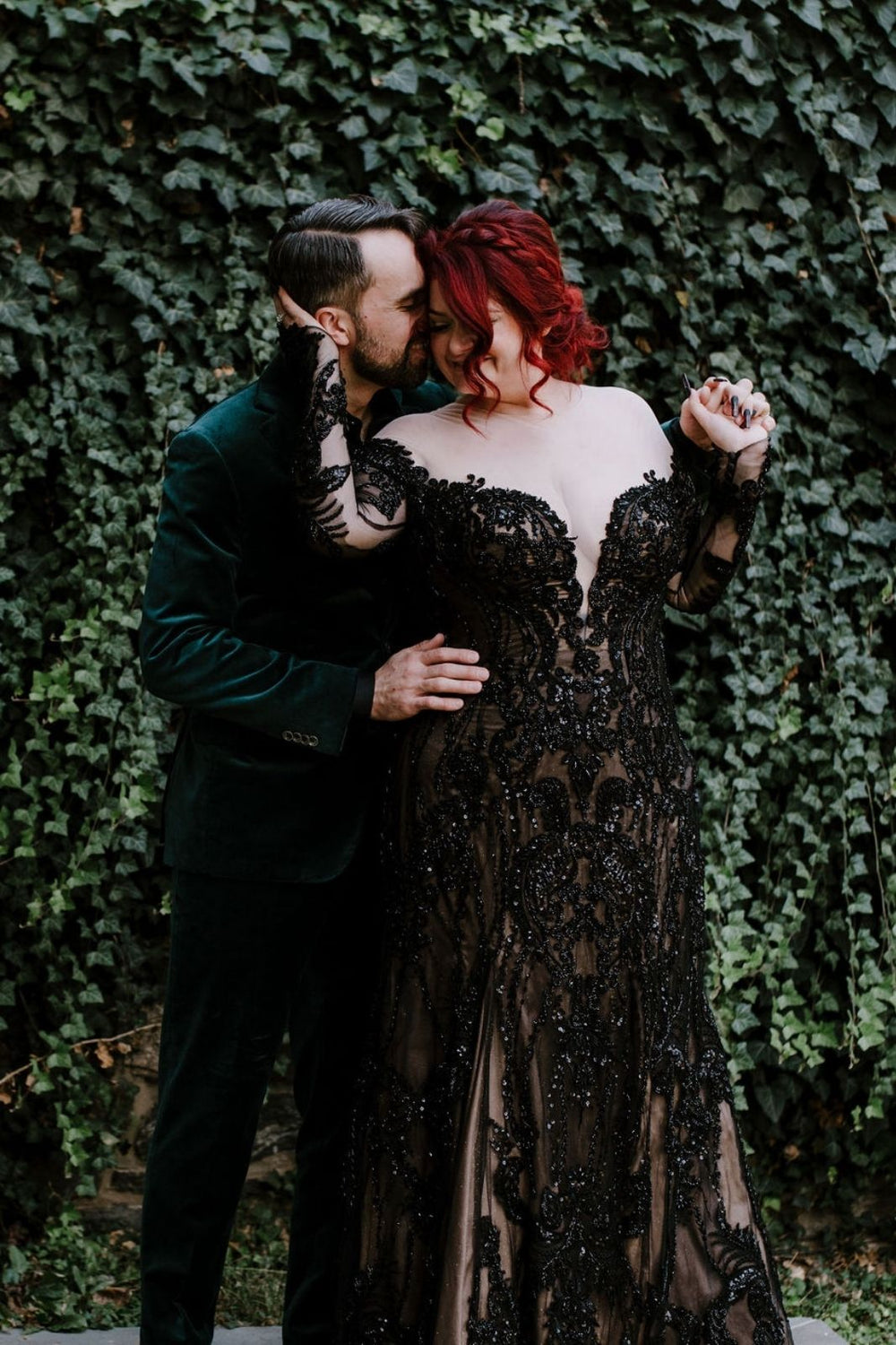 intricate black lace and bead-encrusted bodice and skirt of the Kati gothic wedding gown by Angela Kim Couture