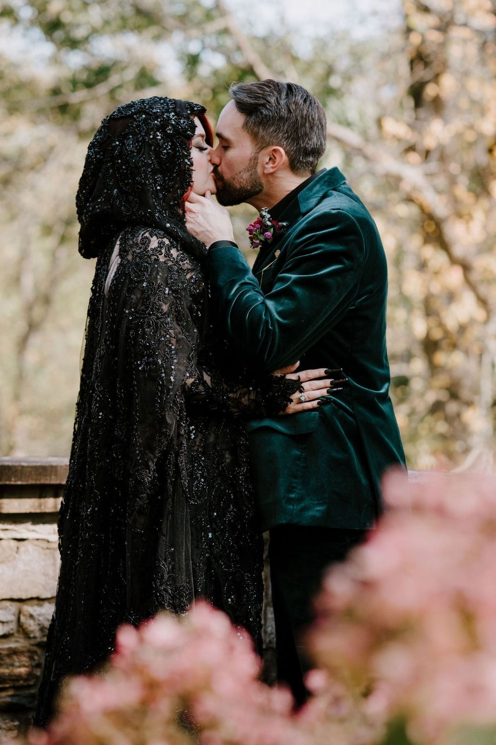 black lace beaded hooded cape of Kati wedding gown by Angela Kim Couture 