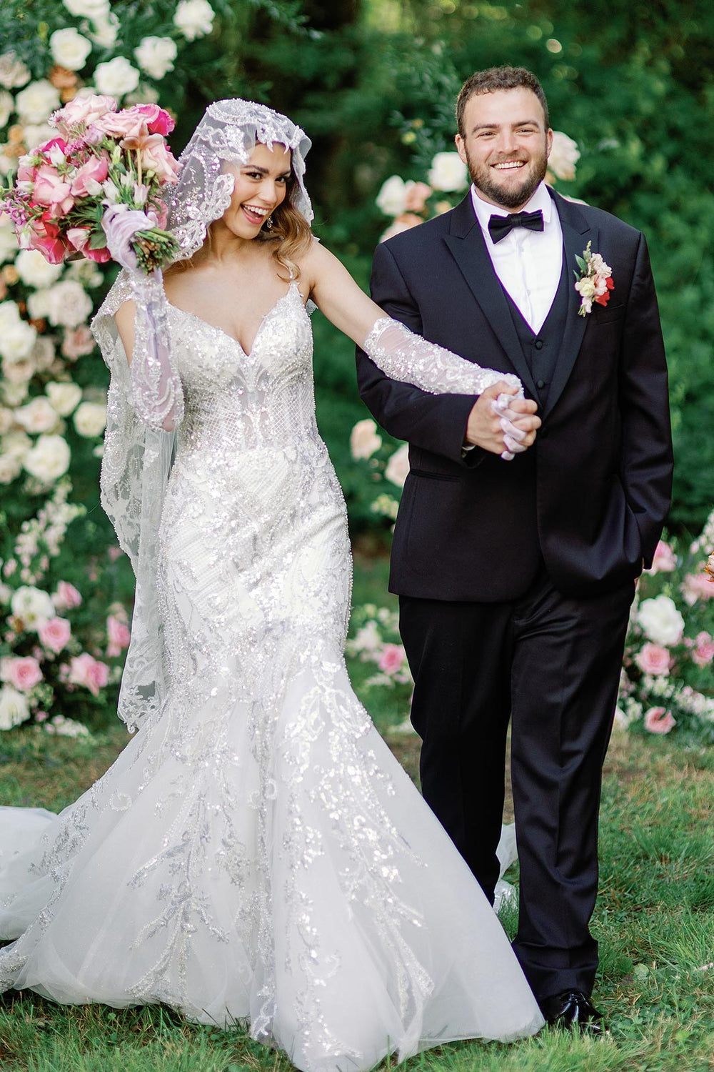 Full view of the Rosalie beaded couture mermaid wedding gown with elegant silhouette and matching veil