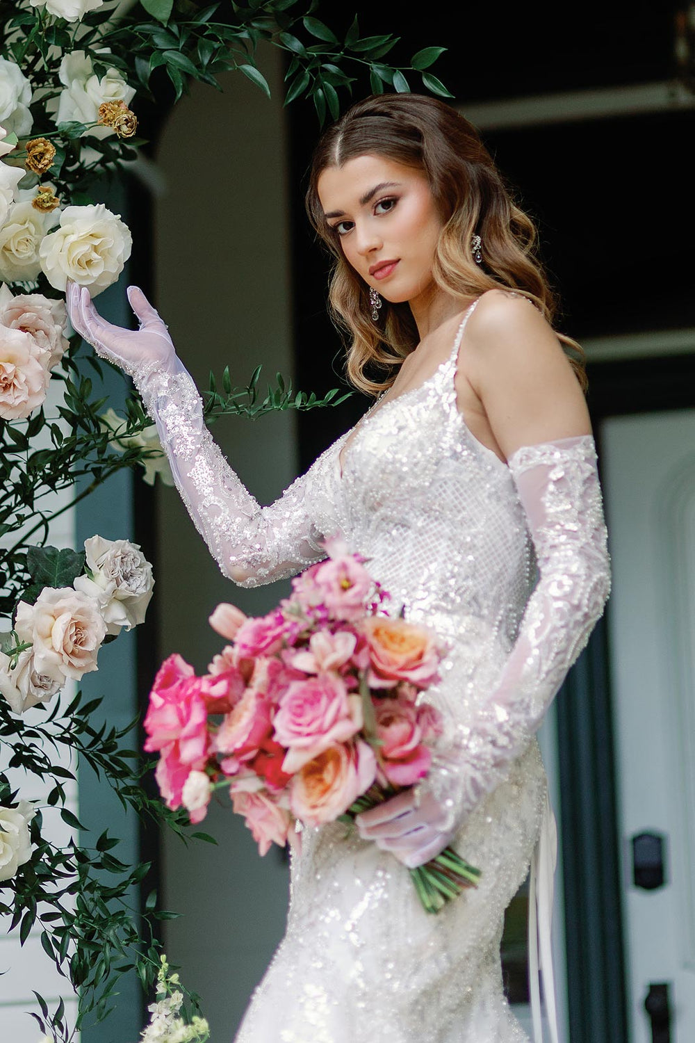 Close-up of the meticulous glamorous beading embellishment on the Rosalie couture mermaid wedding dress