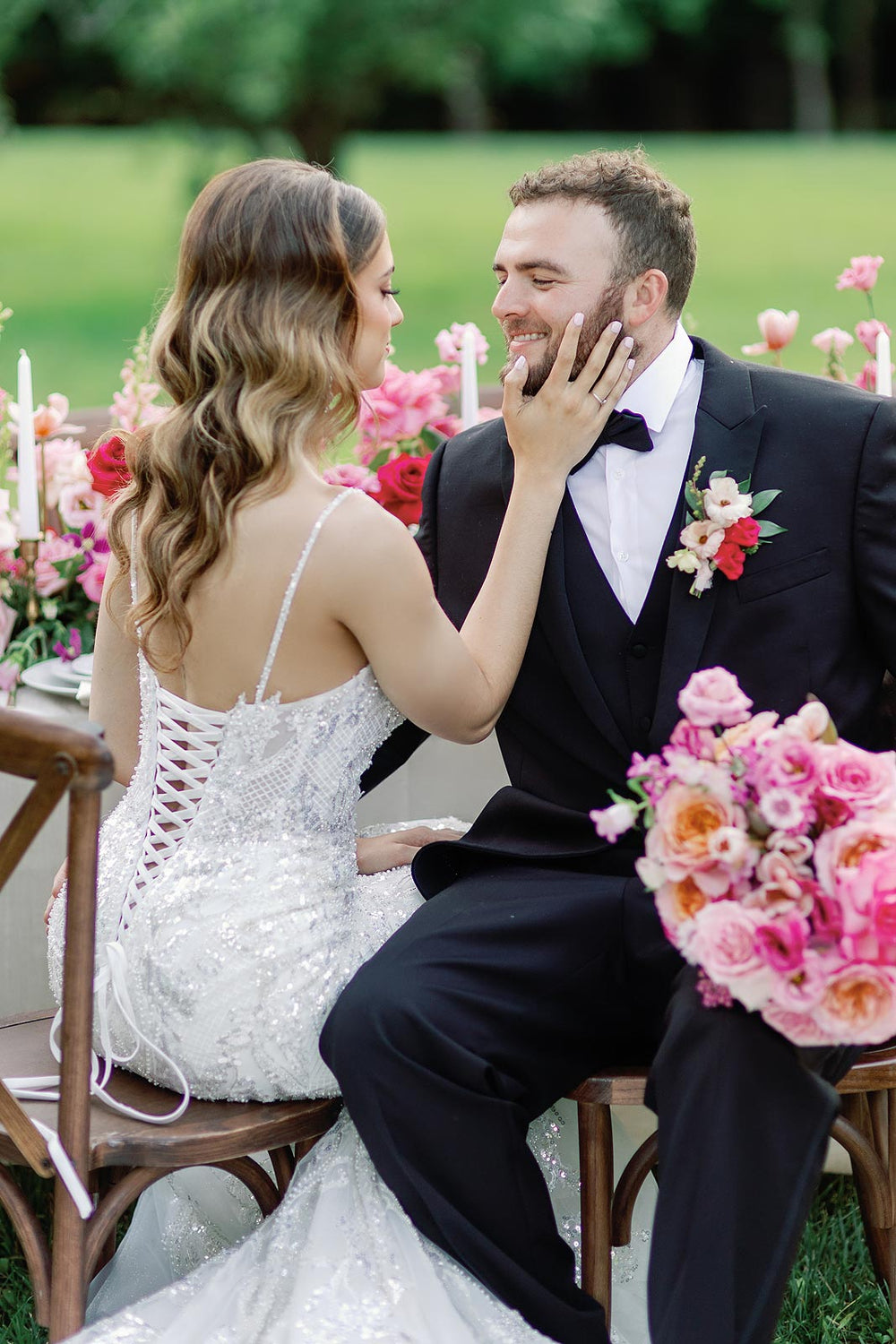 Detail of the lace up and boned structured bodice on the Rosalie couture wedding dress
