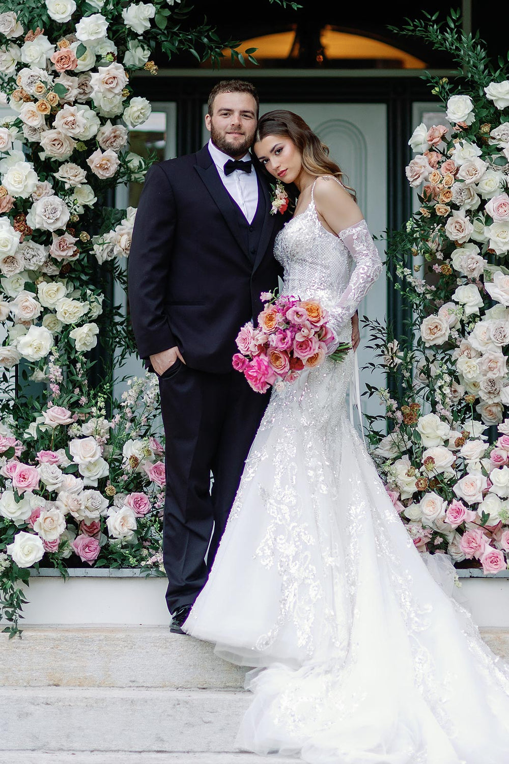Side profile of the Rosalie mermaid silhouette couture wedding dress highlighting its elegant flattering shape