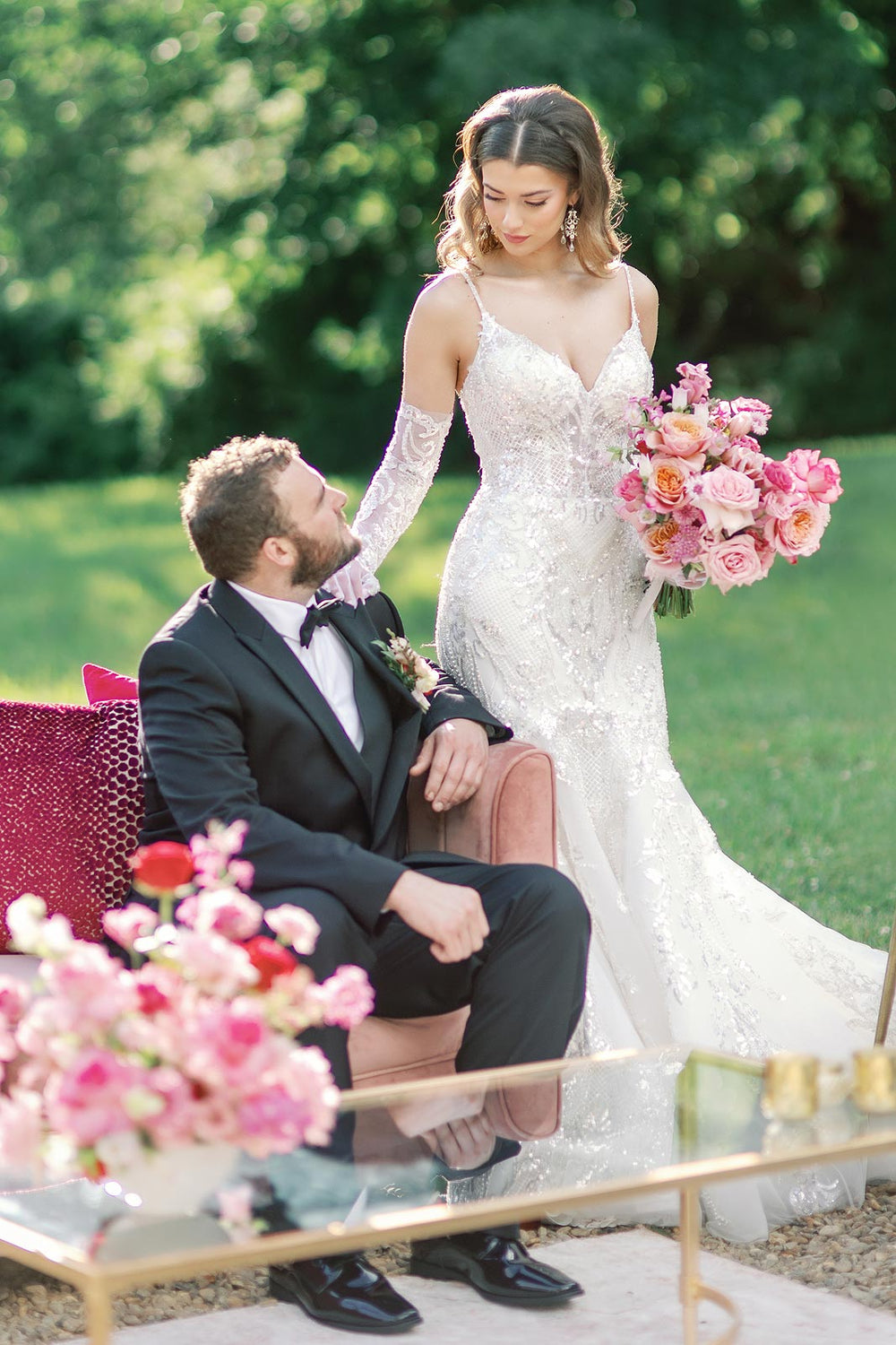Front view of the Rosalie mermaid wedding dress showcasing the plunging neckline and full-length beaded gown