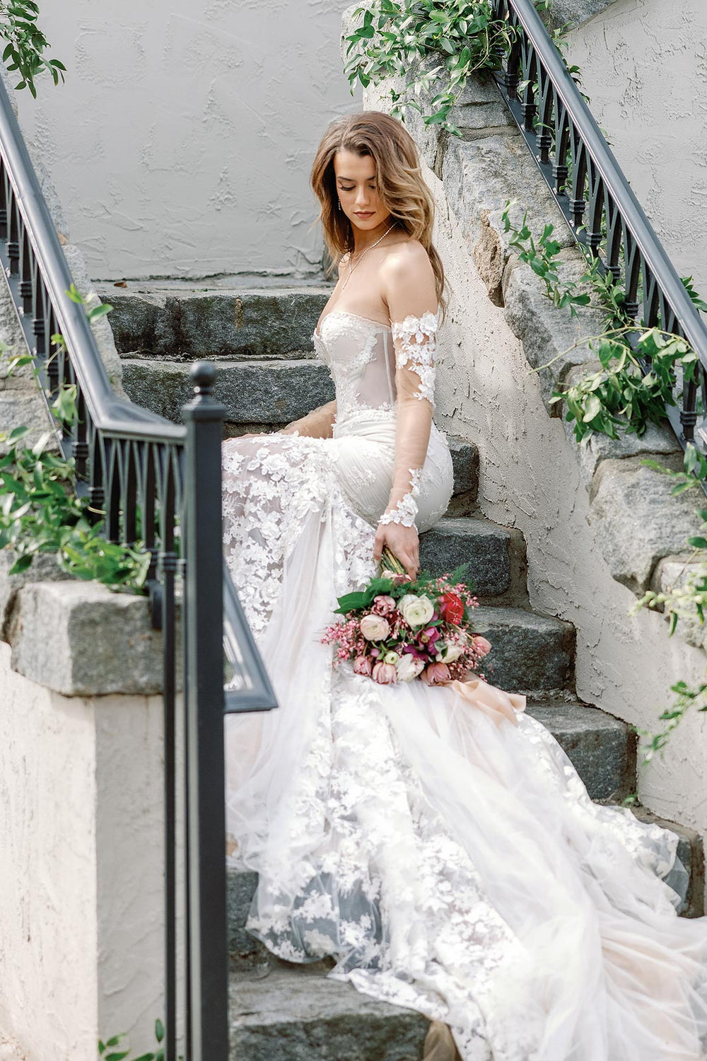 Cascading cathedral train in sparkly tulle and lace on the Vera couture wedding dress