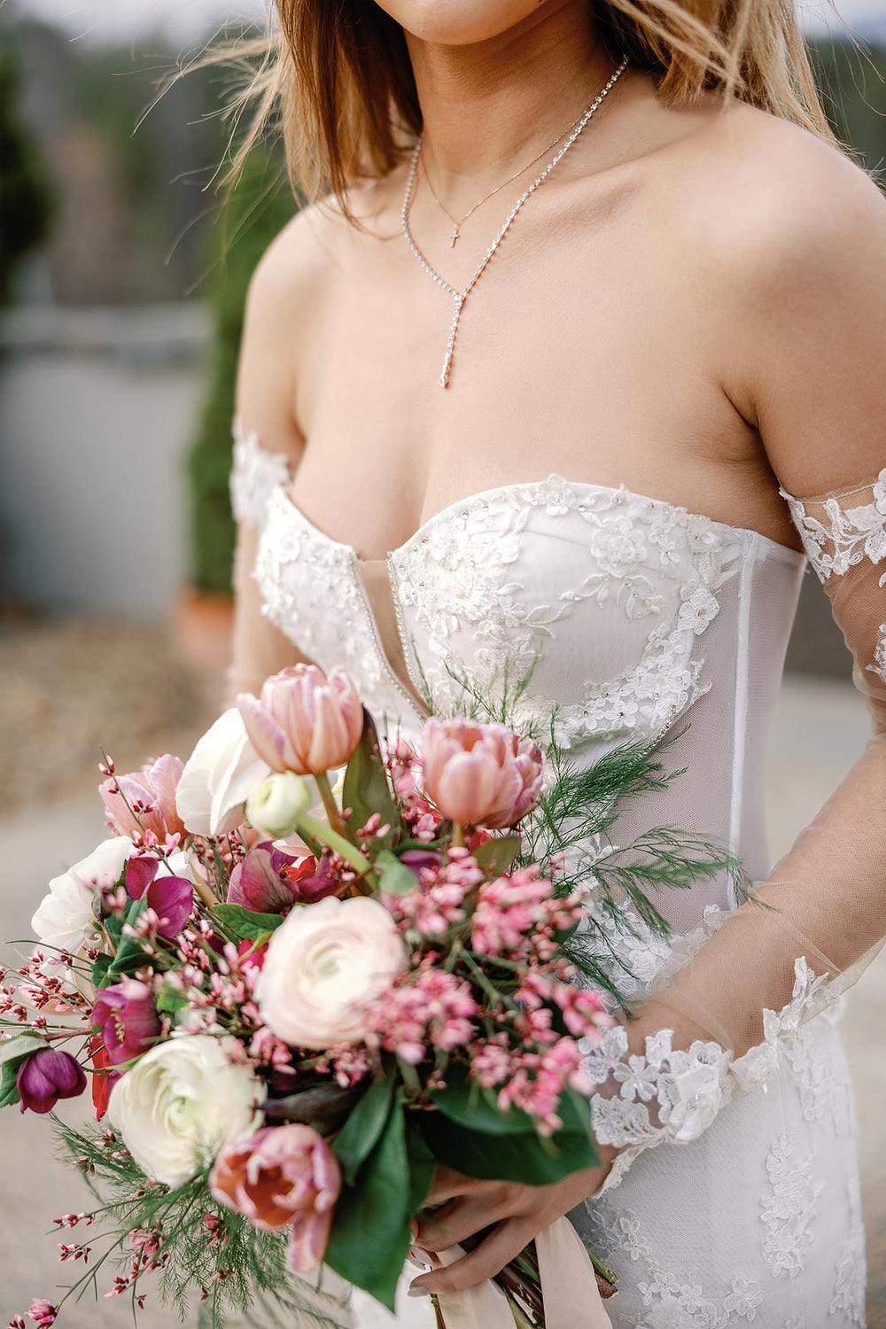 Close-up of the sweetheart neckline on the Vera couture mermaid wedding dress