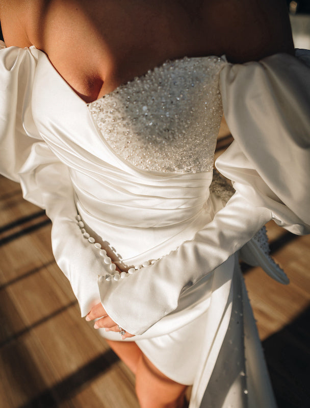 Veronica's custom short wedding dress by Angela Kim Couture – a chic bespoke bridal design ideal for petite brides, handcrafted for an effortless and elegant look