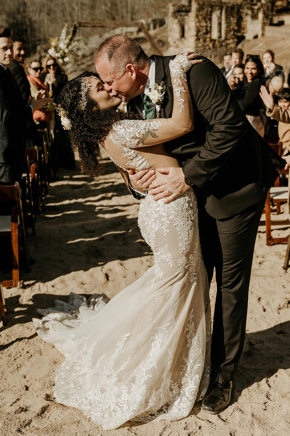 Bride and groom portrait with the Yume couture mermaid wedding dress by Angela Kim Couture