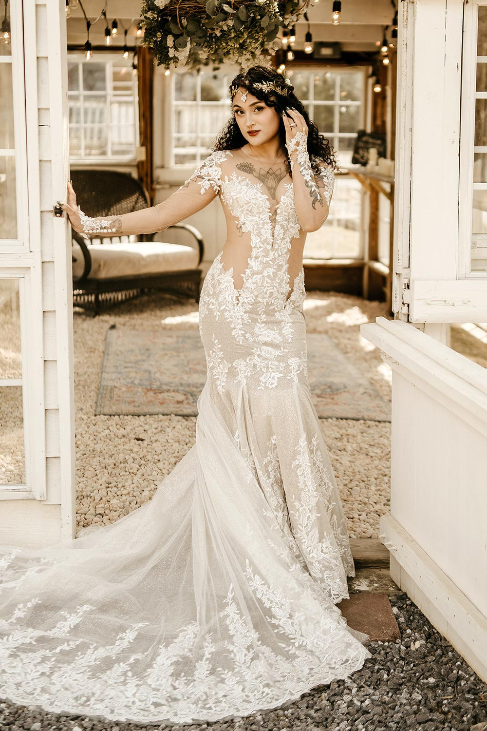 Yume alluring cutout mermaid wedding dress by Angela Kim Couture with plunging neckline and body-contouring silhouette
