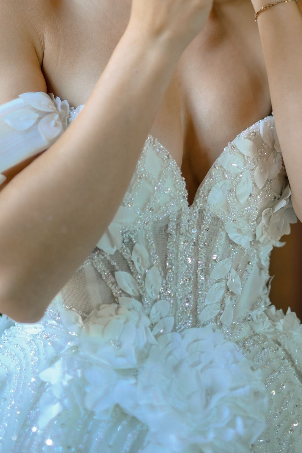Close-up of the structured corset bodice on the Allure wedding dress with internal boning and sweetheart neckline