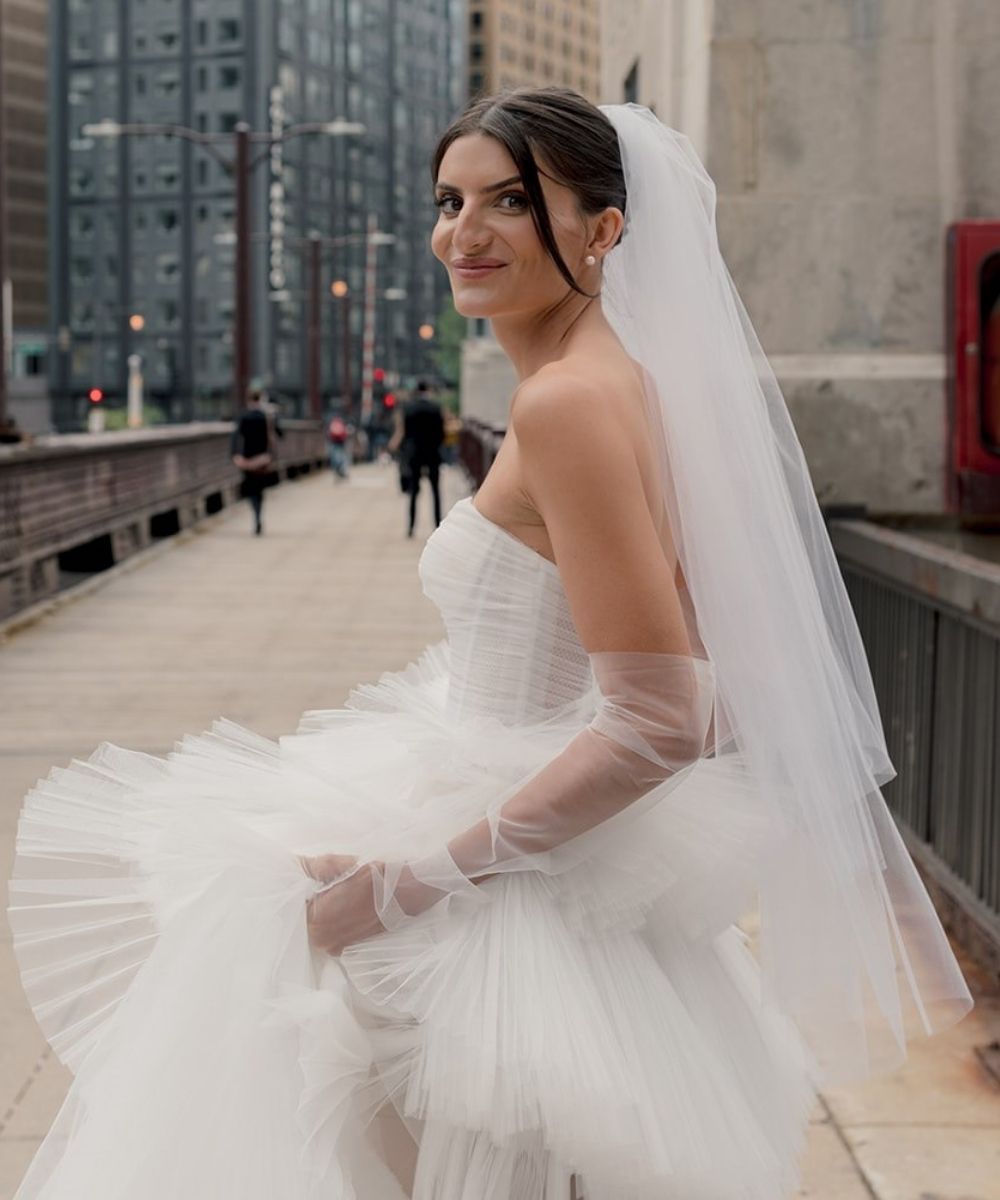 Bespoke destination wedding dress by Angela Kim Couture - lightweight custom bridal gown perfect for an outdoor or international wedding ceremony