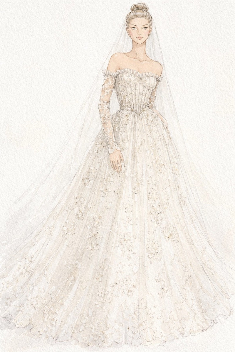 Hand-drawn bridal gown illustration sketch showing the bespoke wedding dress design process at Angela Kim Couture from initial concept to custom creation