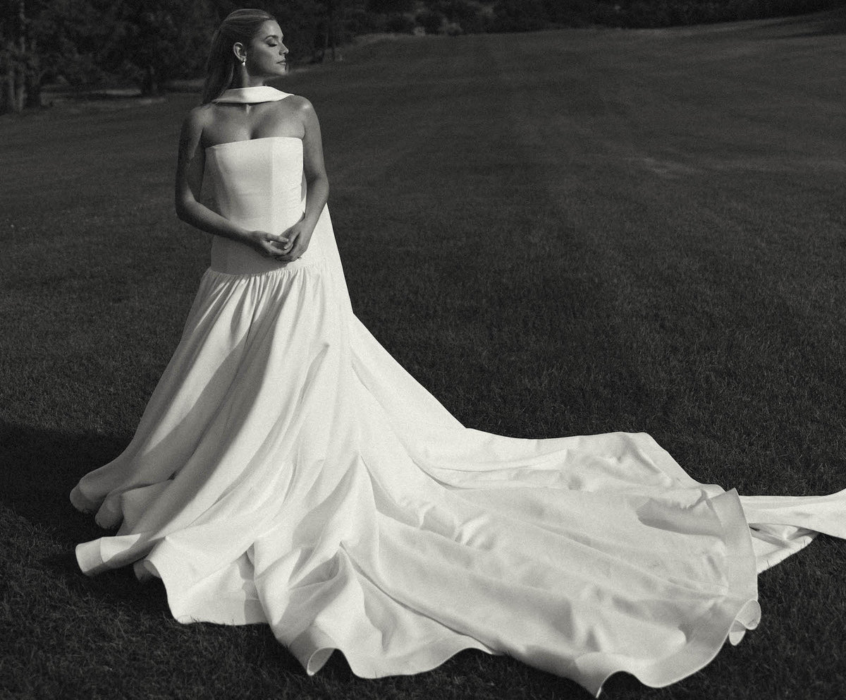 Real bride Hannah wearing her one-of-a-kind custom-designed wedding dress created exclusively by Angela Kim Couture luxury bridal designer