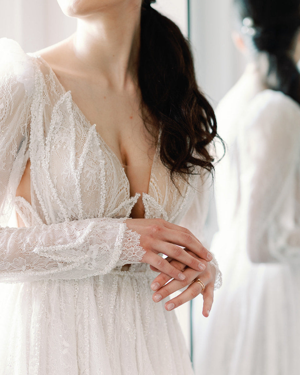 Bride in a custom Angela Kim Couture wedding dress at Serenity Ridge – a bespoke bridal gown tailored for a petite bride with stunning outdoor wedding scenery