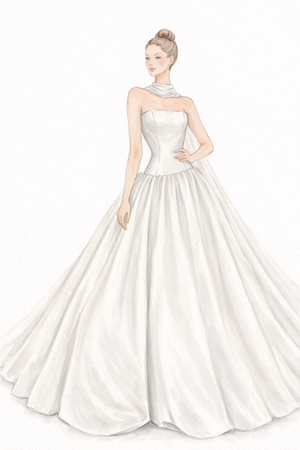 Wedding dress illustration of Hannah's finished custom wedding dress by Angela Kim Couture – a stunning one-of-a-kind bespoke bridal gown crafted through a personalized couture design process