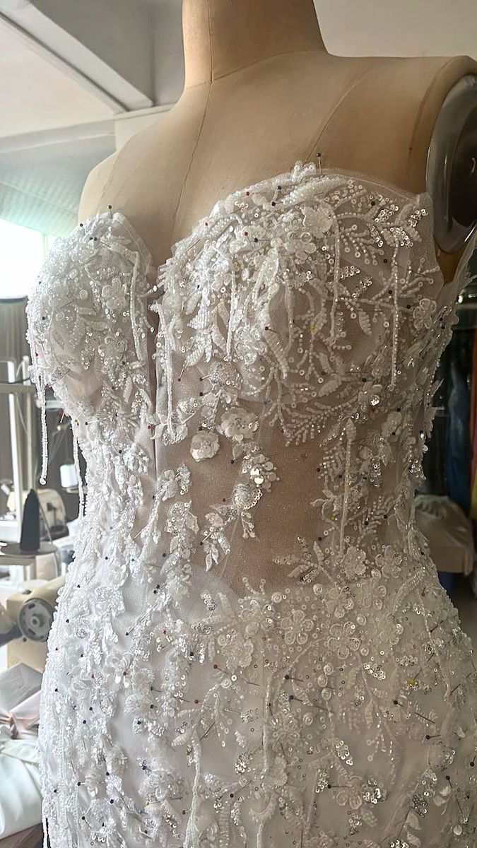 Jordan's custom wedding dress bodice being handcrafted at Angela Kim Couture – a glimpse into the bespoke bridal design process and couture construction techniques