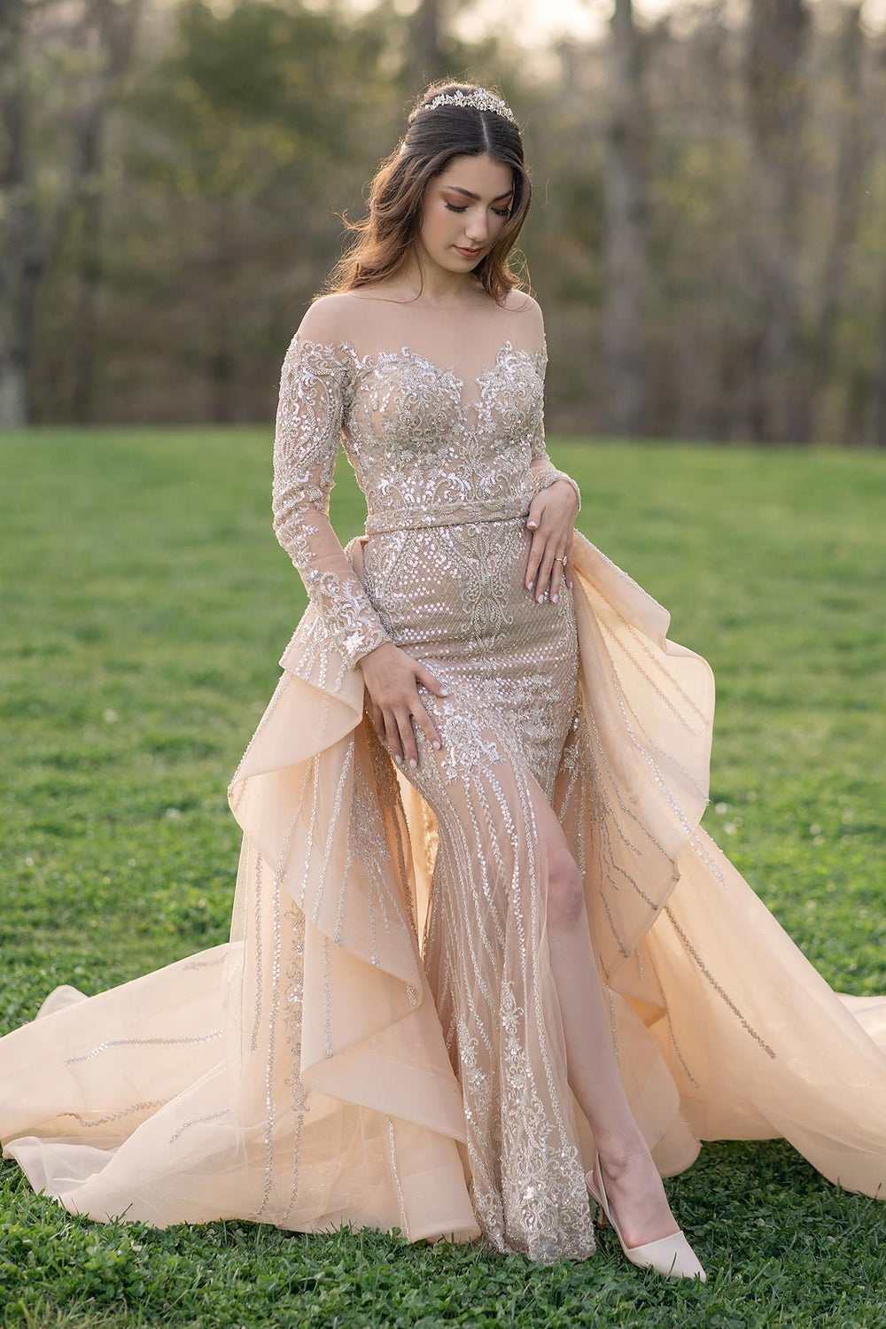 Evelina custom couture mermaid wedding dress with a voluminous overskirt by Angela Kim Couture