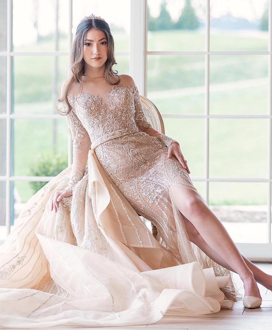 Evelina custom gold wedding gown by Angela Kim Couture – a show-stopping bespoke bridal design in champagne gold, handcrafted to perfection