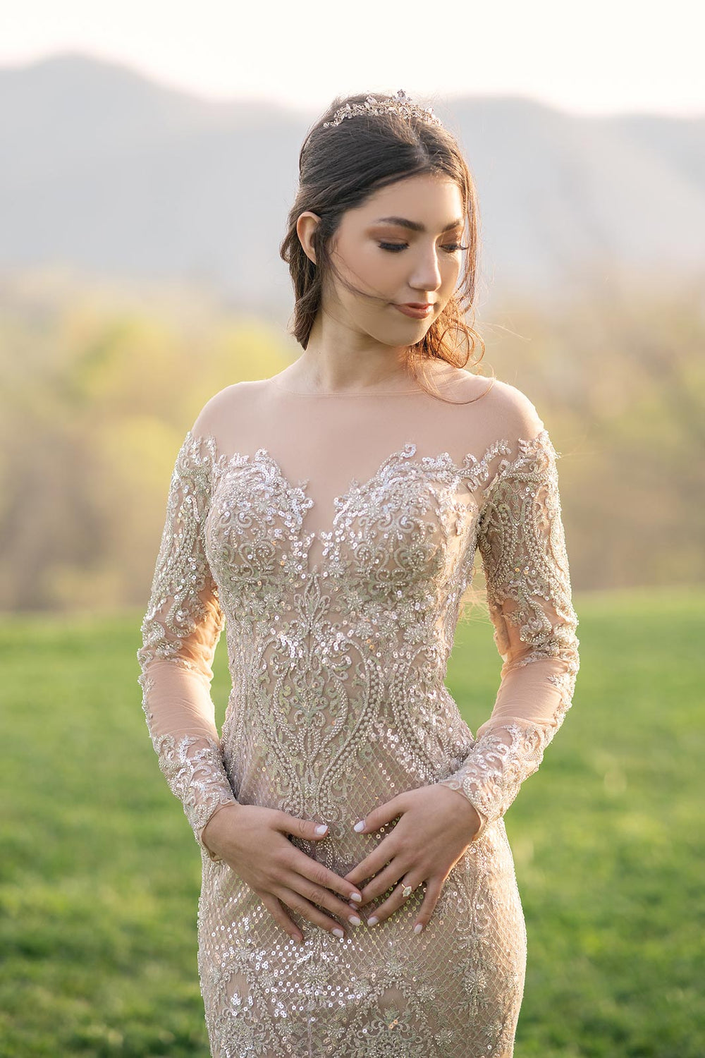 Petite bride wearing the Evelina custom couture wedding dress with a perfectly fitted mermaid silhouette