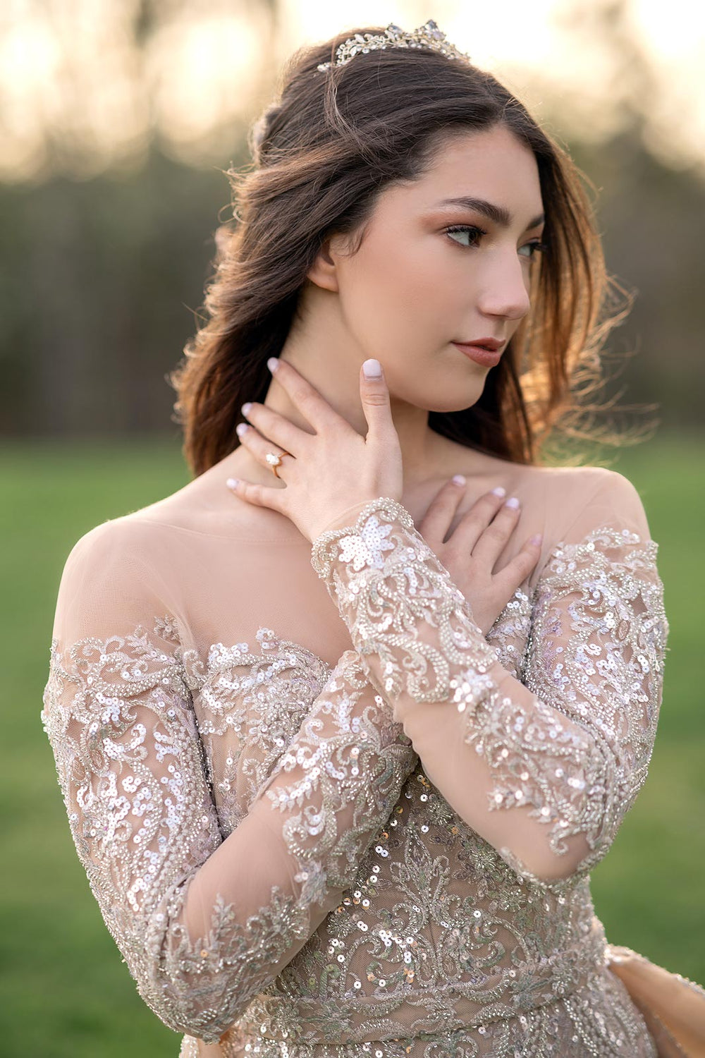 Evelina romantic illusion wedding gown with off-the-shoulder long sleeves and gold beaded embellishments