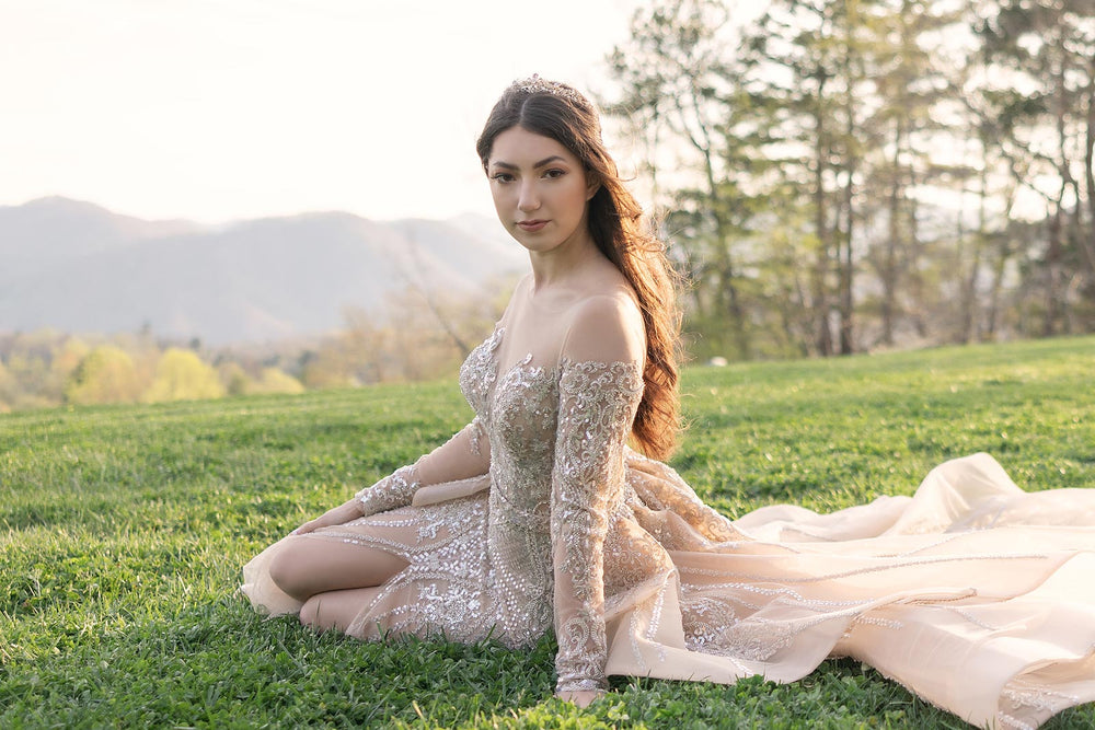 hand-placed beading and sequin embellishments on the Evelina couture wedding gown
