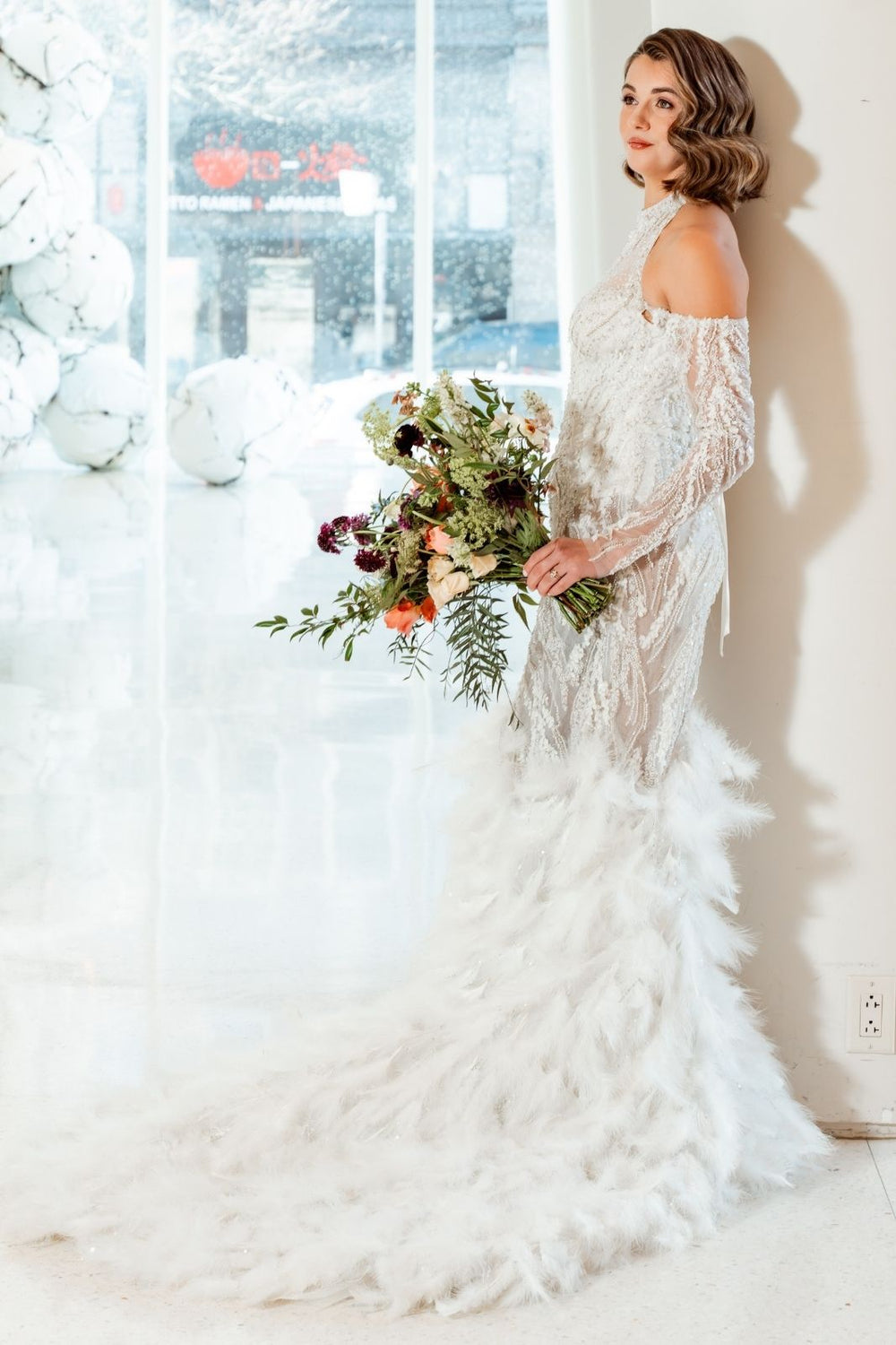 Ayla couture wedding dress with old Hollywood glamour aesthetic featuring sleek lines and dramatic presence