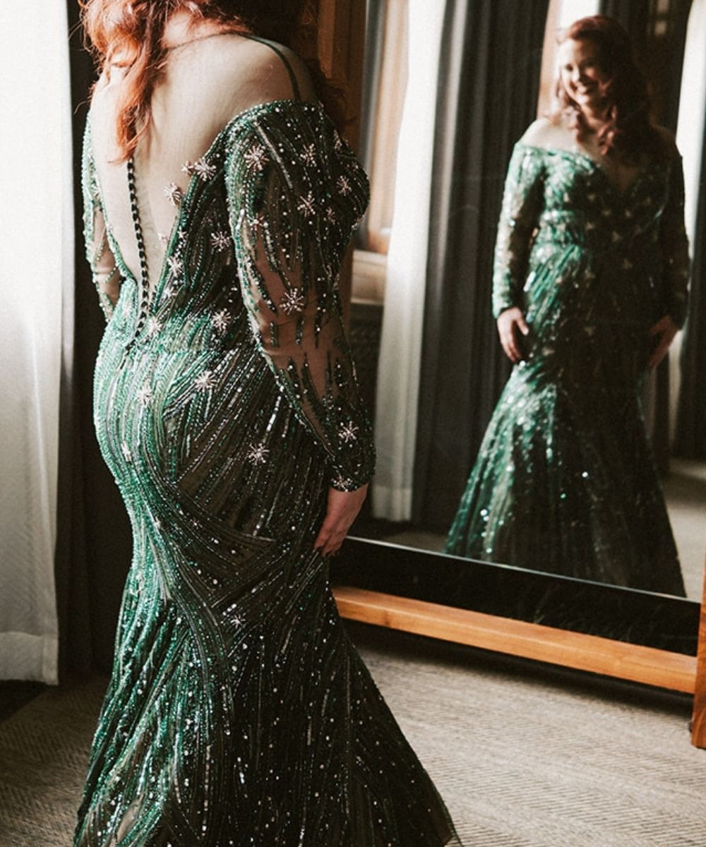 Jessica custom green wedding dress by Angela Kim Couture – an intricately detailed bespoke bridal gown with long sleeves and hand-applied beading for a luxury wedding