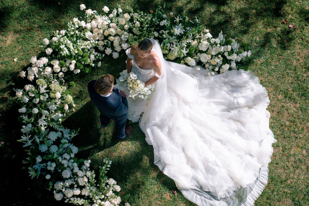 Cathedral-length matching veil designed to complement the Allure couture wedding gown
