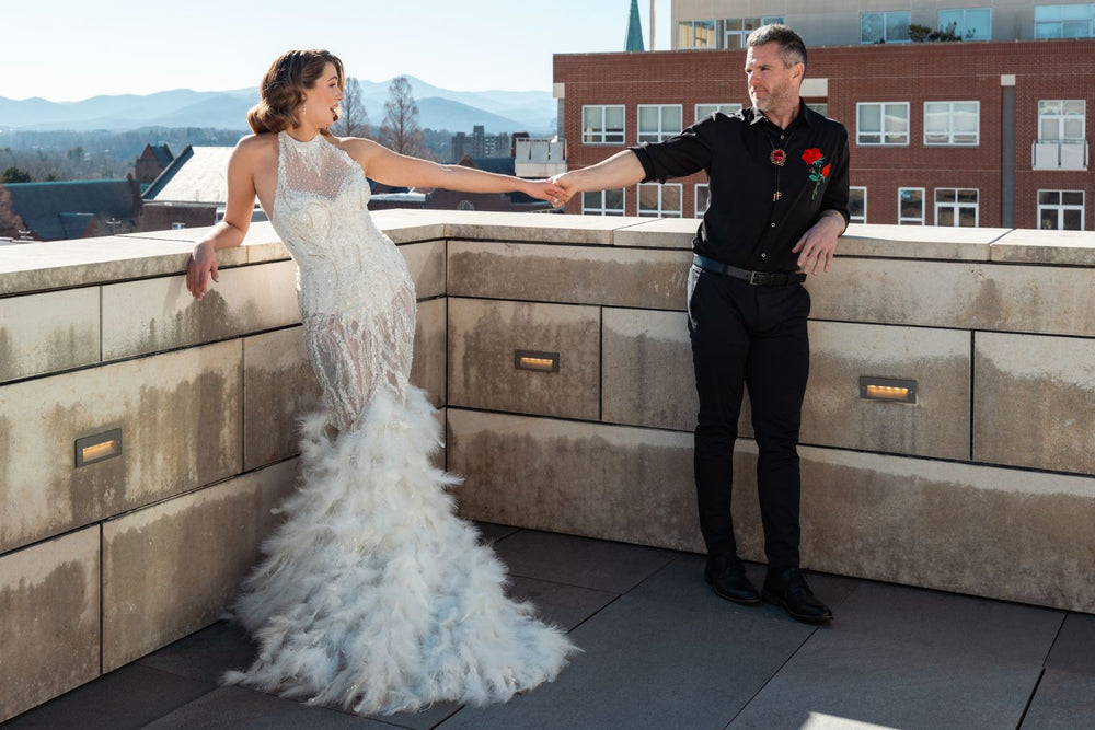 Full-length mermaid silhouette of the Ayla couture bridal gown with beaded embellishment and sleek bodice