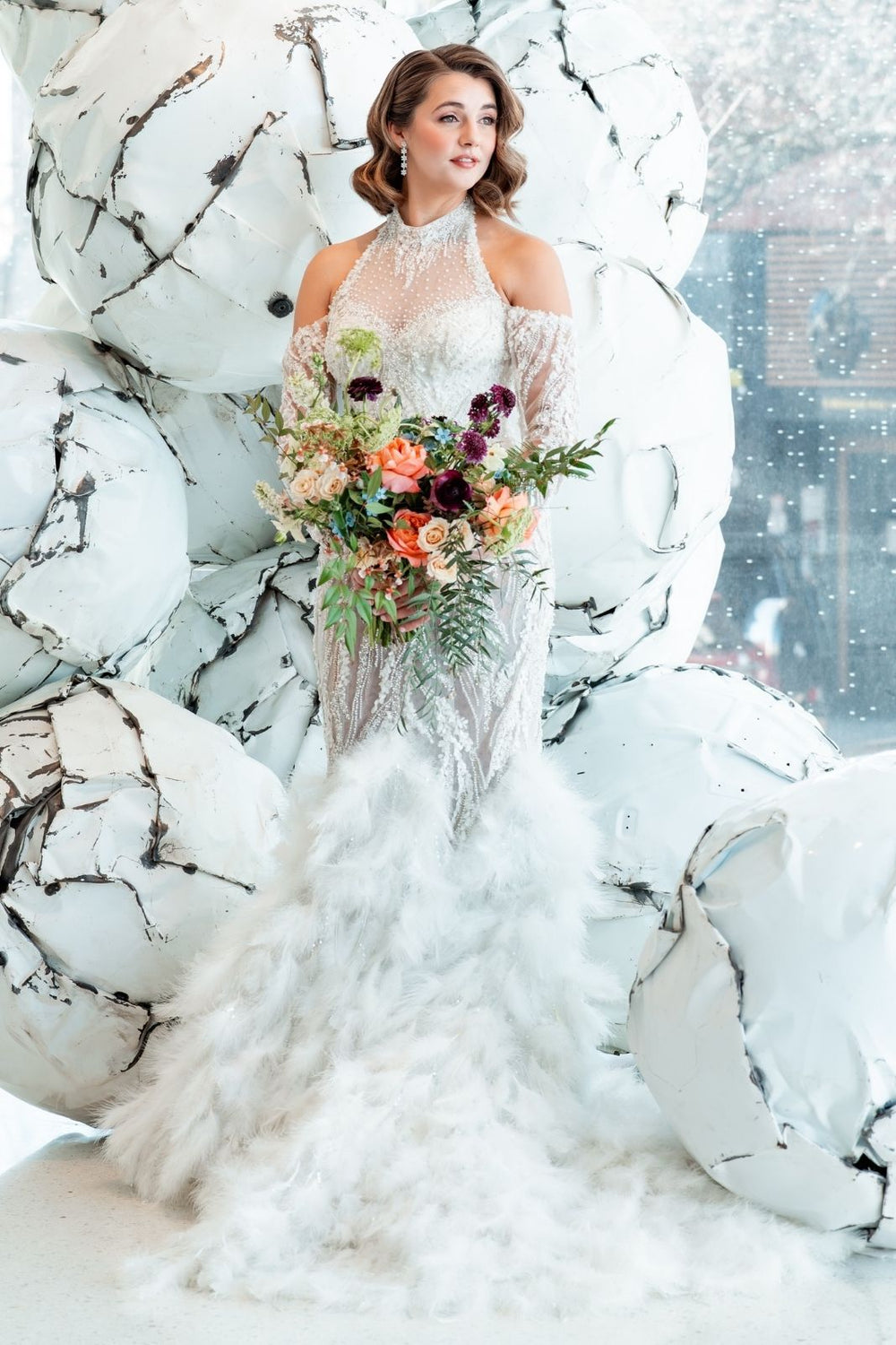 Ayla wedding dress styled in old Hollywood bridal fashion with sleek elegance and a glamorous finish