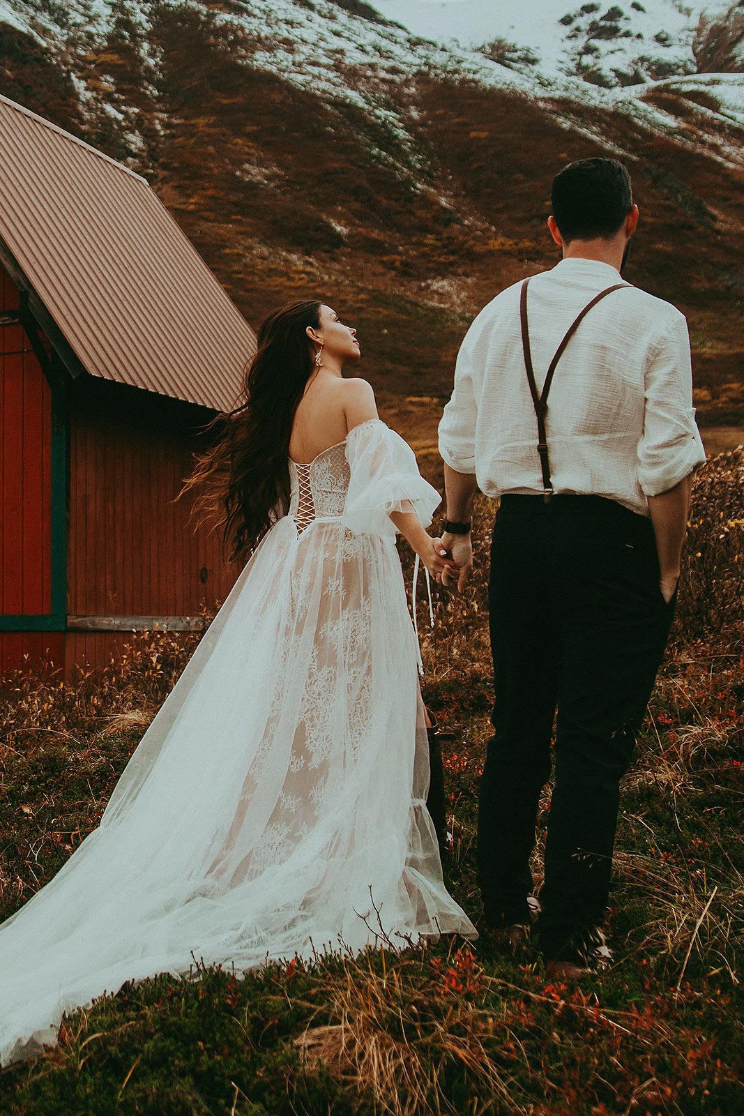 Back shot of Caroline's boho wedding gown