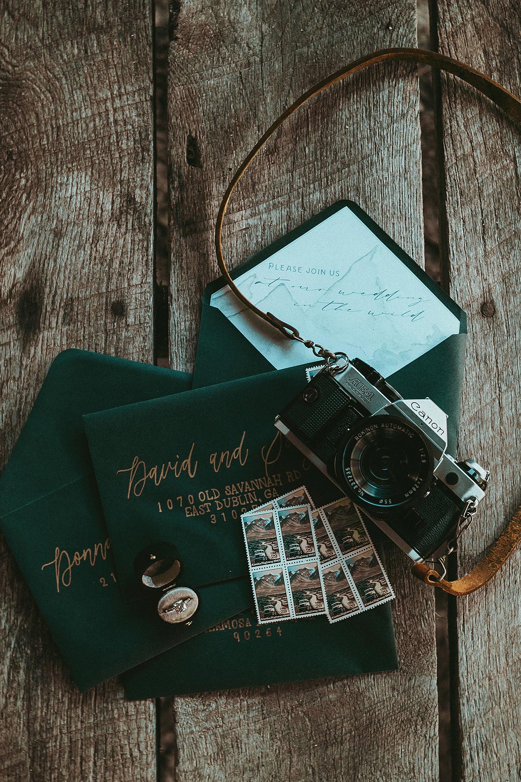 Caroline's wedding invitations and camera