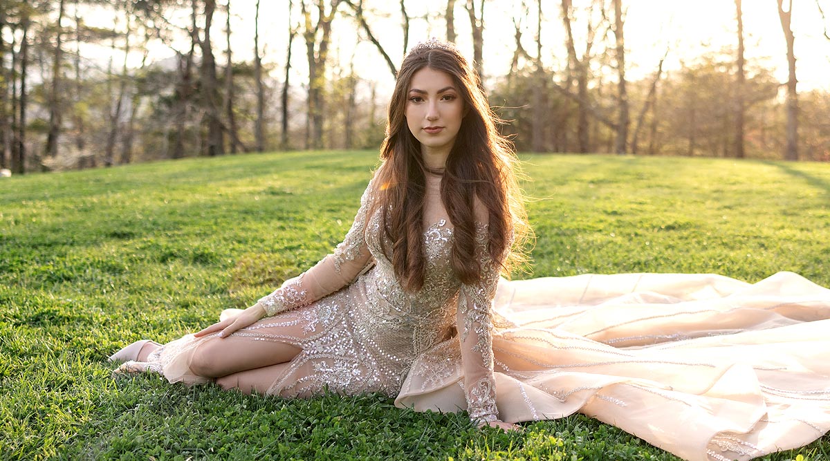 Evelina in a gold illusion wedding dress from Angela Kim Couture